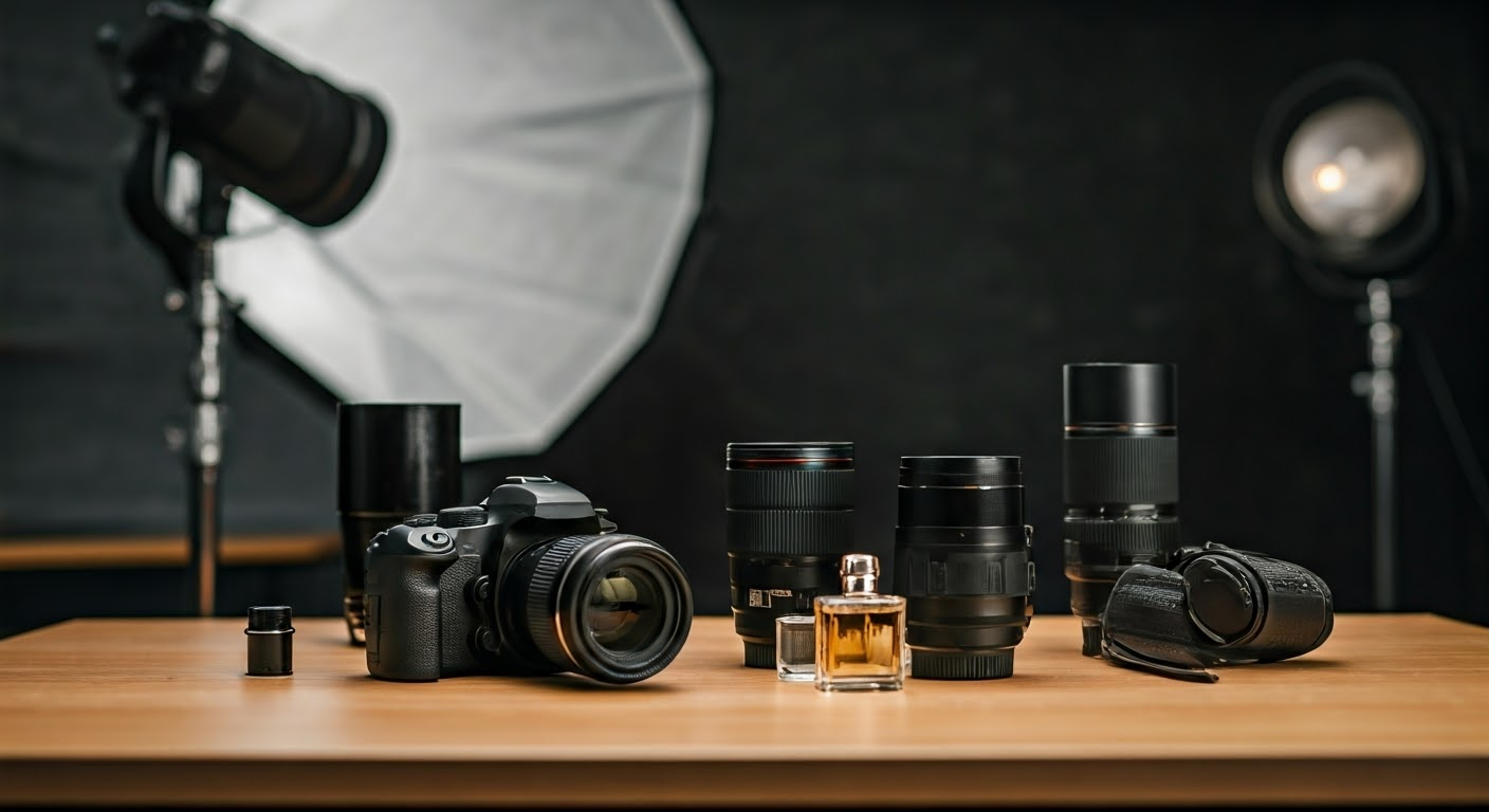 Photographer preparing perfume shoot setup