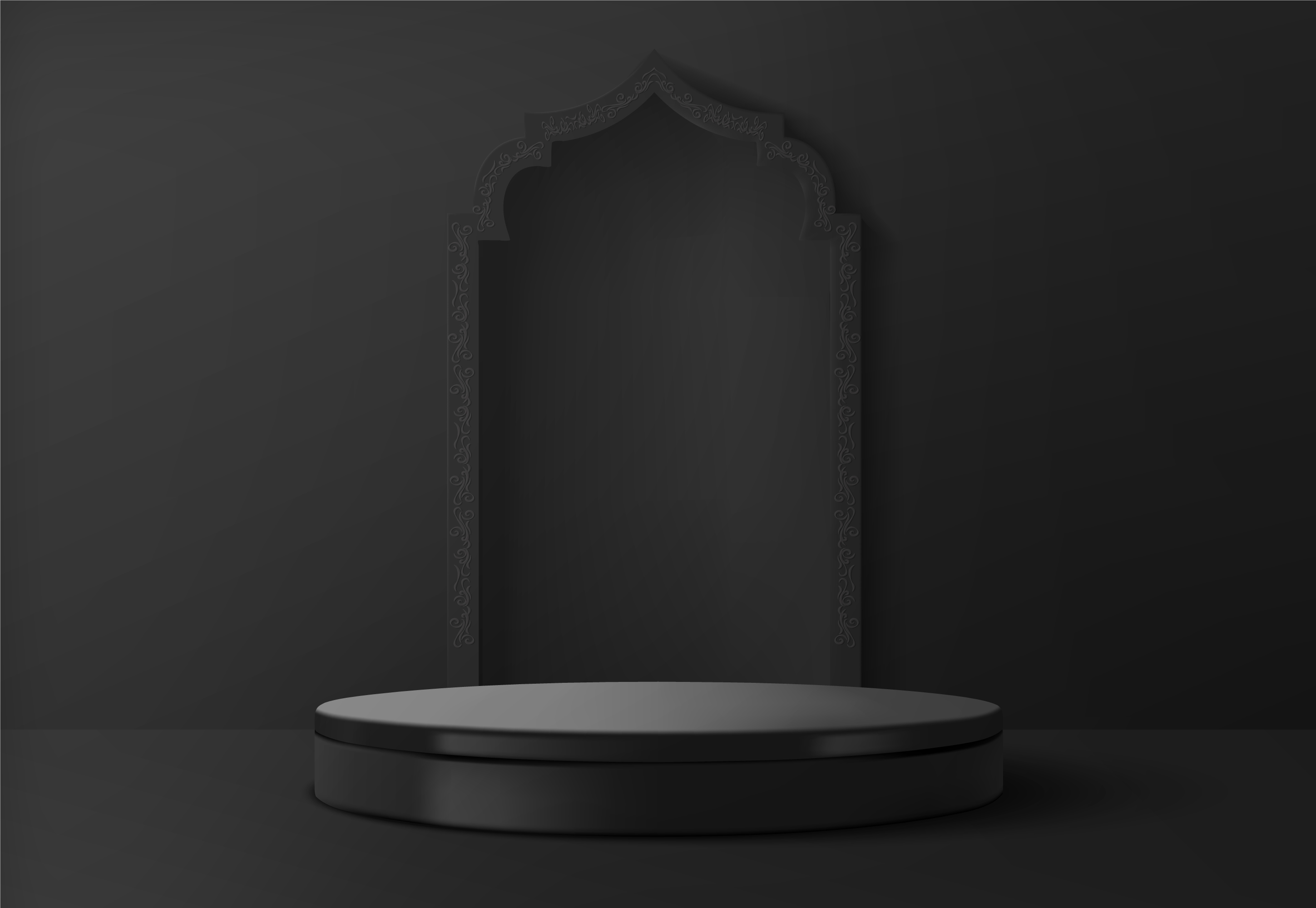 Dark, minimalist backdrop with an ornate arch design.