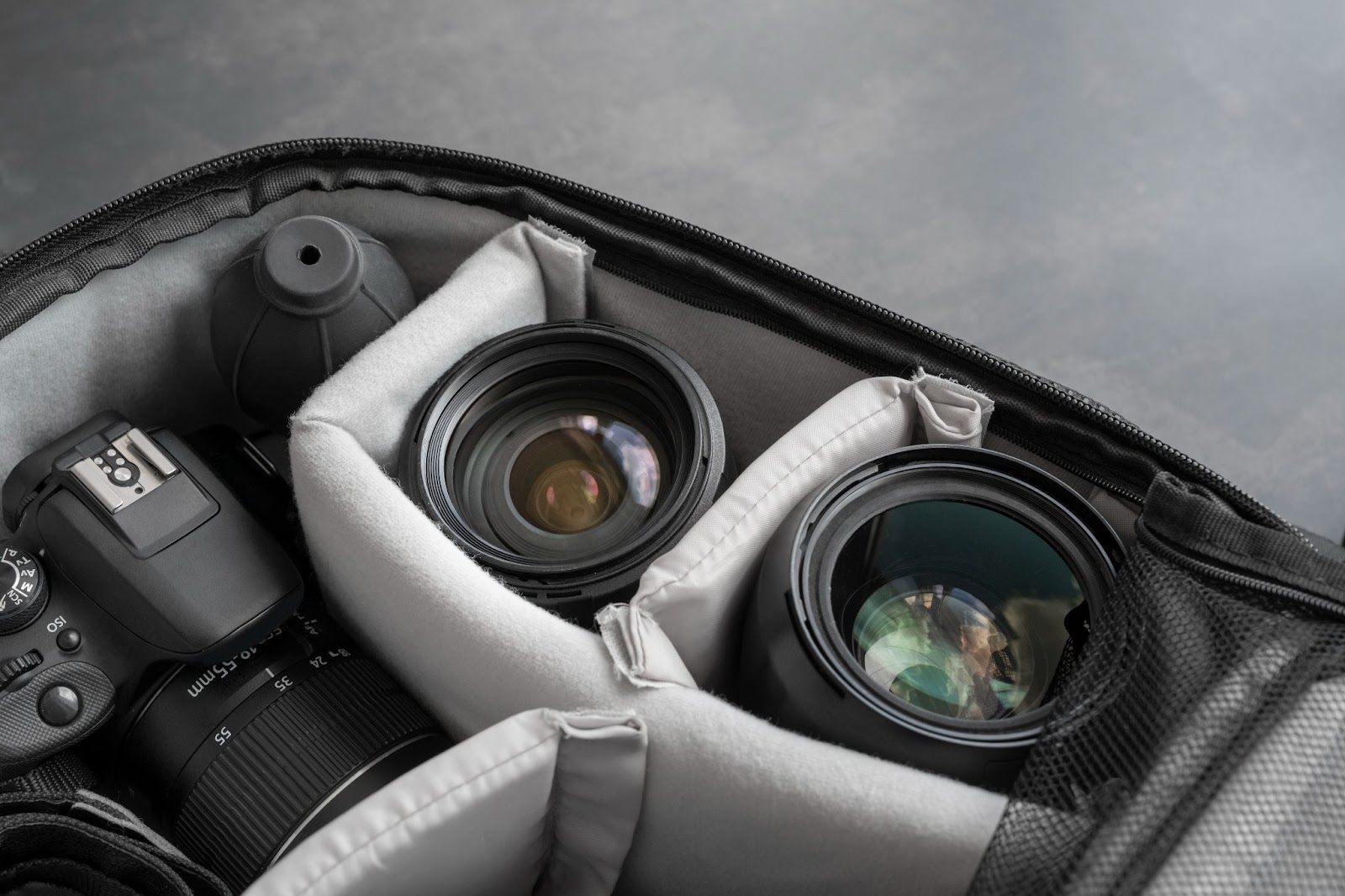 DSLR camera and lenses inside a bag