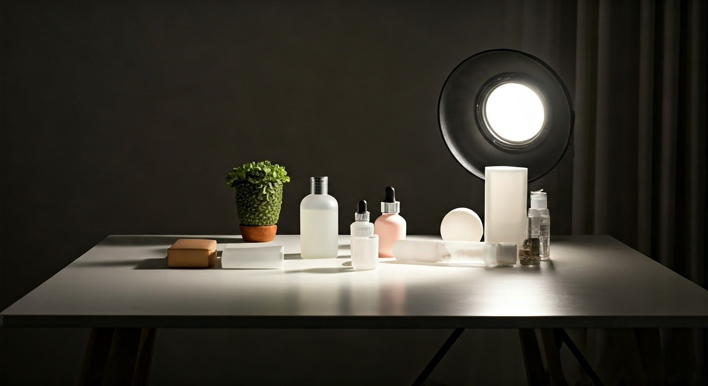 Skincare products on a table with studio light