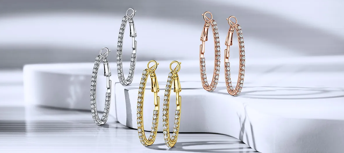 Showcasing various elegant hoop earrings in gold, silver, and rose gold