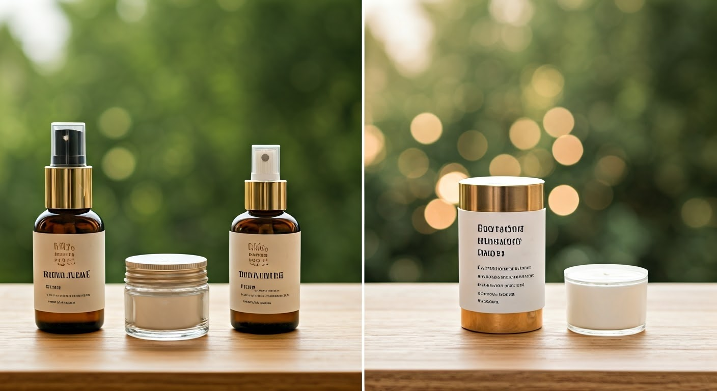 Skincare products with blurred background bokeh