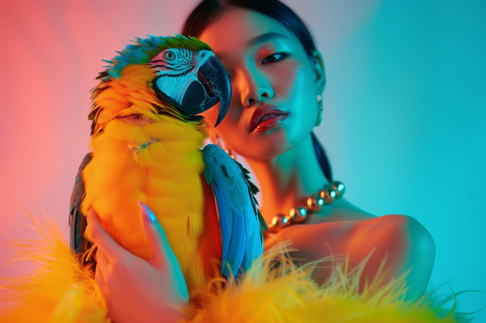 A model posing with a parrot