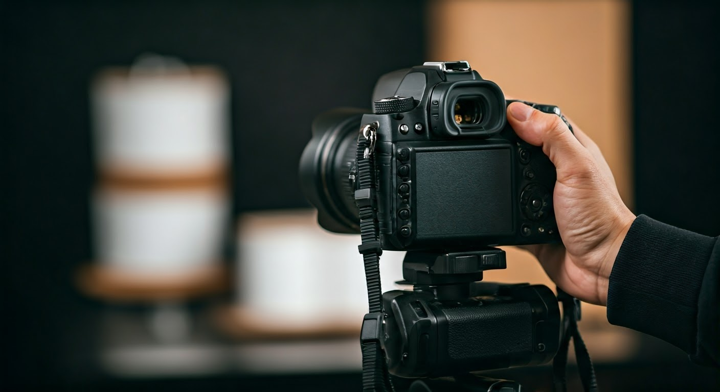 Photographer adjusting camera