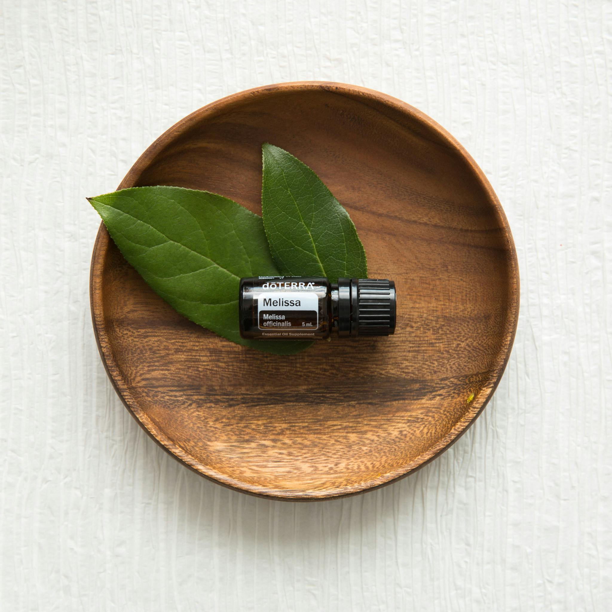 Overhead shot of a bottle on green leaves